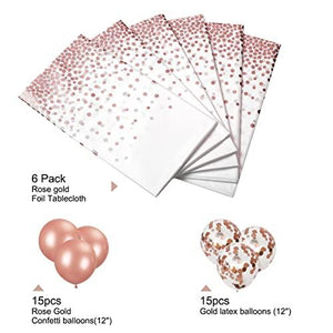 Plastic Tablecloths for Rectangle Tables, 6 Pack Disposable Party Table Cloths, Rose Gold Dot Confetti Rectangular Table Covers with 30 Balloons for Parties Wedding Bridal Shower, 54" x 108" - Decotree.co Online Shop