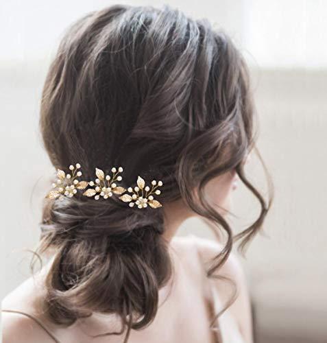 Pearl Bride Wedding Hair Pins Leaf Bridal Head Piece Flower Hair Accessories for Women and Girls (Pack of 3) (Gold) - Decotree.co Online Shop