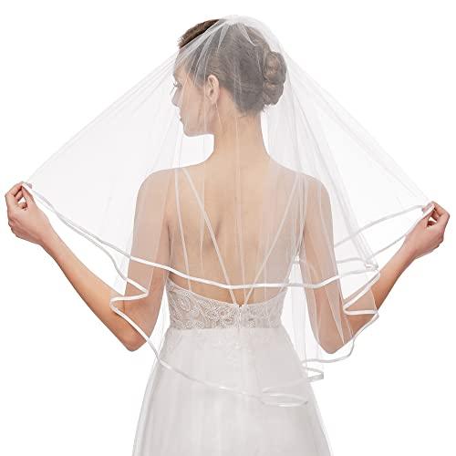Bridal Veil Women's Simple Tulle Short Wedding Veil Ribbon Edge with Comb for Wedding Bachelorette Party (White) - Decotree.co Online Shop