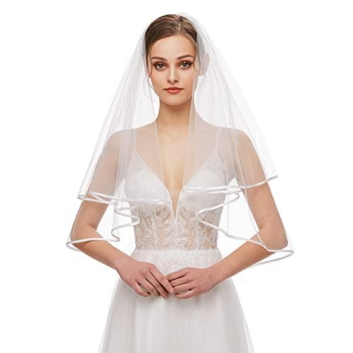 Bridal Veil Women's Simple Tulle Short Wedding Veil Ribbon Edge with Comb for Wedding Bachelorette Party (White) - Decotree.co Online Shop