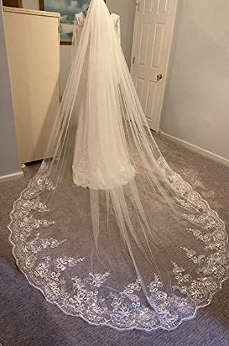 Wedding Veil Cathedral Bridal Veil for Women Lace Sequins 1 Tier Long Wedding Bridal Veil, White - Decotree.co Online Shop