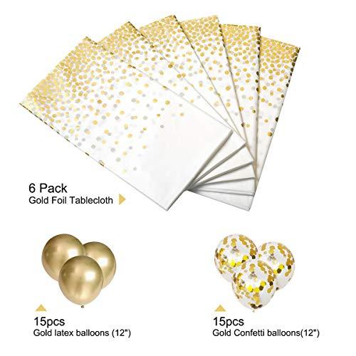 Plastic Tablecloths for Rectangle Tables, 6 Pack Disposable Party Table Cloths, Gold Dot Confetti Table Covers with 30 Balloons for Birthday Parties Wedding Anniversary Baby Shower, 54" x 108" - Decotree.co Online Shop