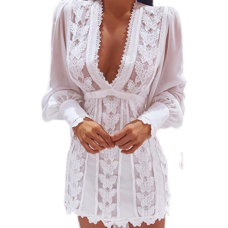 White Elegant Dresses Sexy V Neck Lace Dress Long Puff Sleeve Butterfly Dress For Women - Decotree.co Online Shop