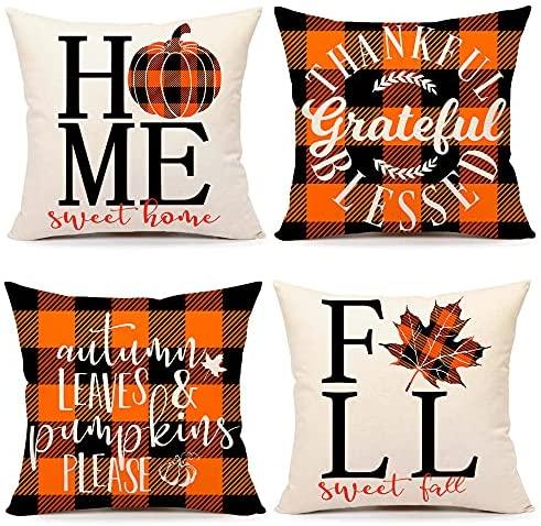 4pcs Fall Decor Pillow Covers 18x18" Thanksgiving Buffalo Check Farmhouse Decorations - Decotree.co Online Shop