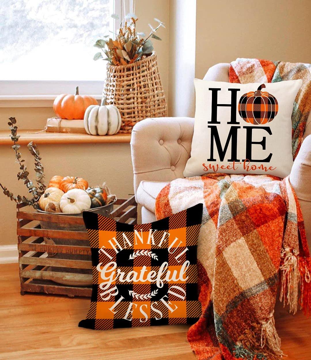 4pcs Fall Decor Pillow Covers 18x18" Thanksgiving Buffalo Check Farmhouse Decorations - Decotree.co Online Shop