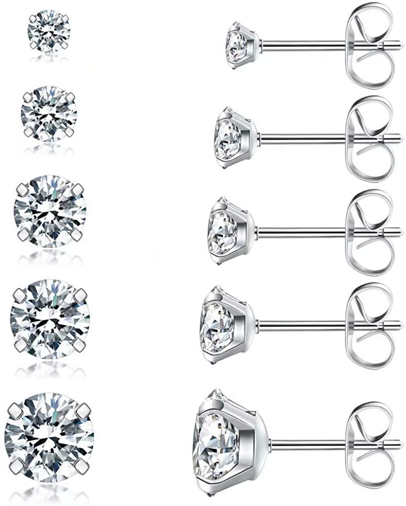 5 Pairs Stud Earrings Set, Hypoallergenic Cubic Zirconia 316L Earrings Stainless Steel CZ Earrings 3-8mm - Decotree.co Online Shop