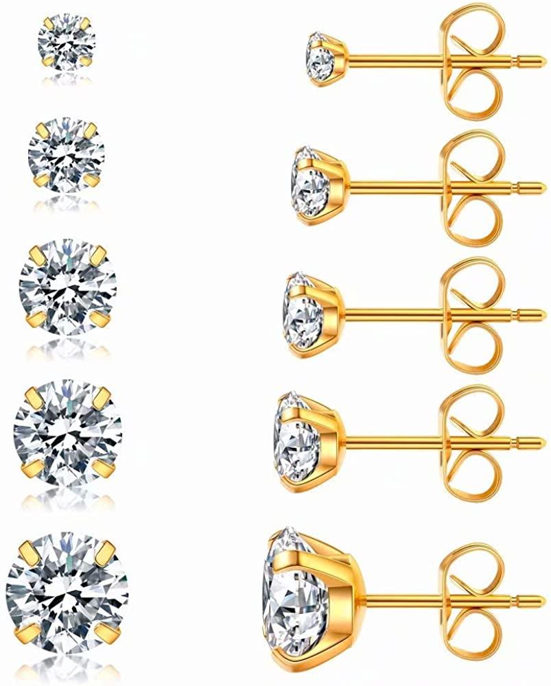 5 Pairs Stud Earrings Set, Hypoallergenic Cubic Zirconia 316L Earrings Stainless Steel CZ Earrings 3-8mm - Decotree.co Online Shop