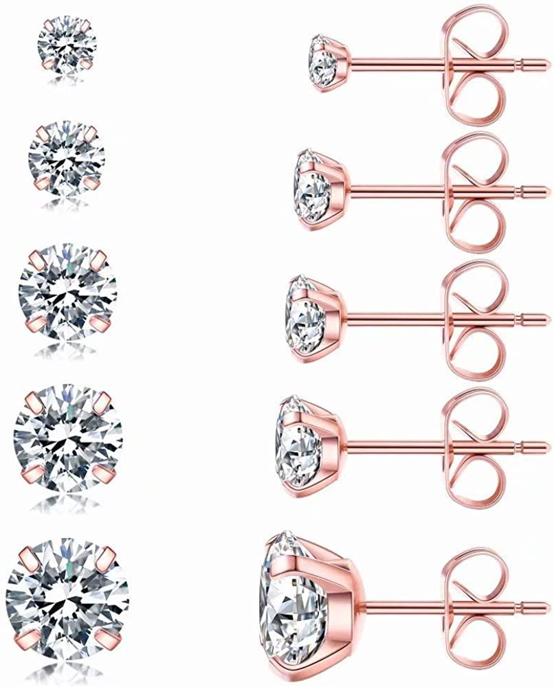 5 Pairs Stud Earrings Set, Hypoallergenic Cubic Zirconia 316L Earrings Stainless Steel CZ Earrings 3-8mm - Decotree.co Online Shop