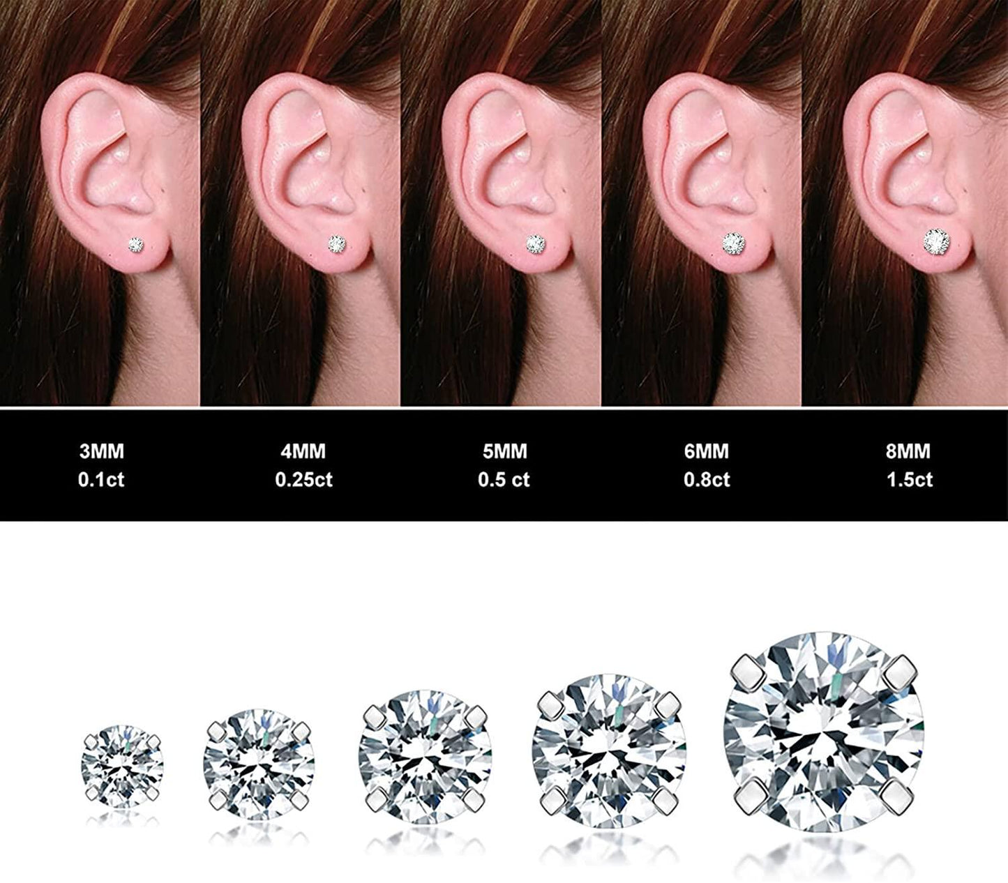 5 Pairs Stud Earrings Set, Hypoallergenic Cubic Zirconia 316L Earrings Stainless Steel CZ Earrings 3-8mm - Decotree.co Online Shop