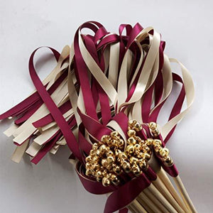 50 Pcs Wine Cream Wedding Ribbon Wands Fairy Sticks with Gold Bell for Wedding Favor Party Decoration - Decotree.co Online Shop