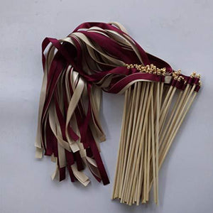 50 Pcs Wine Cream Wedding Ribbon Wands Fairy Sticks with Gold Bell for Wedding Favor Party Decoration - Decotree.co Online Shop