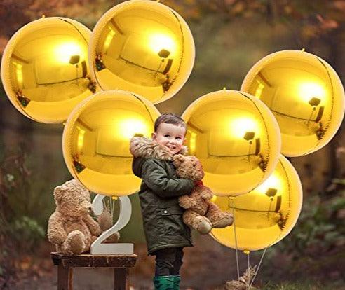 Big 22 Inch Gold Foil Balloons - Pack of 6 | 360 Degree 4D Round Metallic Gold Balloons | Mirror Finish Chrome - Decotree.co Online Shop