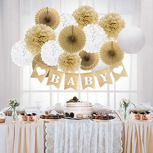 Rustic Paper Party Decorations for Bridal Baby Shower Birthday Wedding, Pom Poms Paper Fans Lanterns, White and Tan - Decotree.co Online Shop