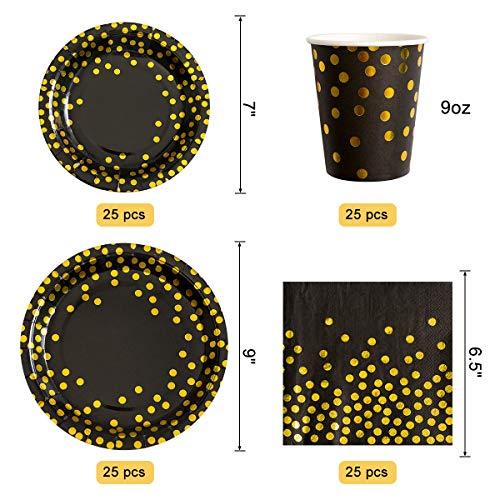 Black and Gold Party Supplies 175 Pieces Golden Dot Disposable Party Dinnerware - Black Paper Plates Napkins Cups, Gold Plastic Forks Knives Spoons for Graduation, Birthday, Cocktail Party - Decotree.co Online Shop