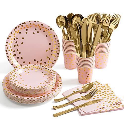 Pink and Gold Party Supplies ââââ‚?Disposable Dinnerware Set Serves 25 Gold Dots on Pink Paper Plates Cups and Napkins, Gold Plastic Knives Spoons Forks for Baby Shower Wedding Party Bridal Shower - Decotree.co Online Shop