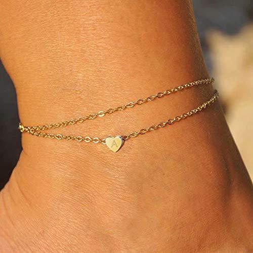 Heart Initial Anklet Bracelet for Women, 14K Gold Filled Layered Ankle Bracelet Summer - Decotree.co Online Shop
