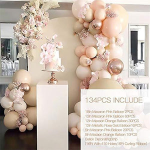 Macaron Pink Balloon Kit 134PCS 18In 12In 5In Macaron Orange Metallic Rose Gold Balloon Arch Garland - Decotree.co Online Shop