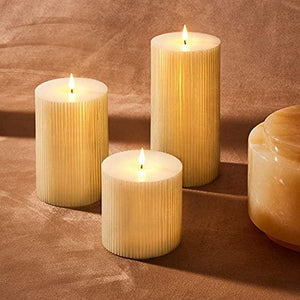 Flameless Pillar Candle Set - 3D Flickering Flame with Wick, 4 Inch Diameter, Battery Operated, Shimmering Light Gold Wax - 3 Pack - Decotree.co Online Shop