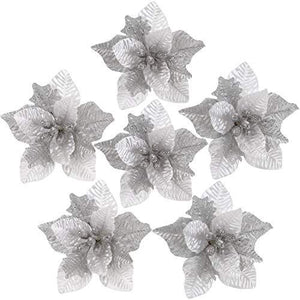 6-Pack Artificial Glitter Poinsettia Christmas Flower Ornaments Tree Decorations - Decotree.co Online Shop