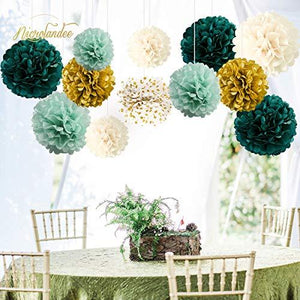Wedding Party Decorations - 12 PCS Green Ivory Tissue Paper Pom Poms for Neutral Baby Shower, Vintage Party, Birthday, Bridal Showers, Rustic Wedding Decorations - Decotree.co Online Shop