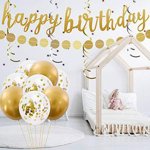 Gold Happy Birthday Banner Decoration Set with Birthday Banner Cake Topper Confetti Balloons - Decotree.co Online Shop