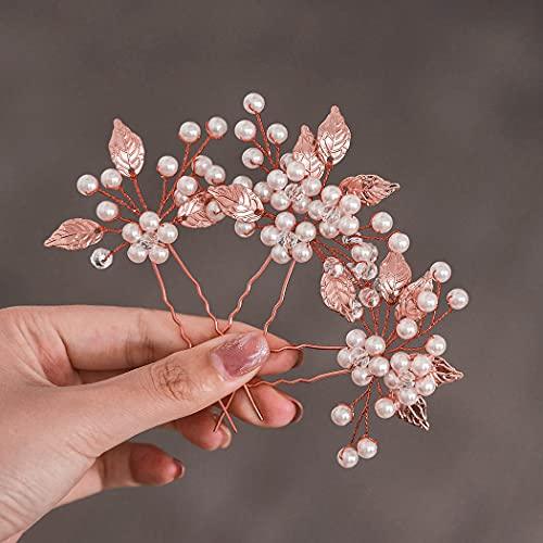 Pearl Bride Wedding Hair Pins Leaf Bridal Head Piece Flower Hair Accessories for Women and Girls (Pack of 3) (Rose Gold) - Decotree.co Online Shop