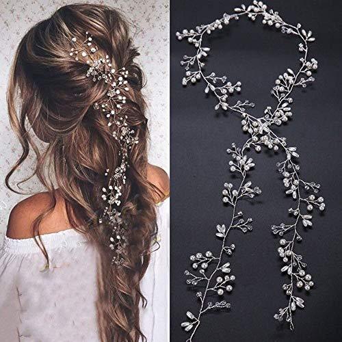 Bridal Rose Gold and Gold Silver Extra Long Pearl and Crystal Beads Bridal Hair Vine Wedding Head Piece Bridal Hair Accessories (Silver) - Decotree.co Online Shop