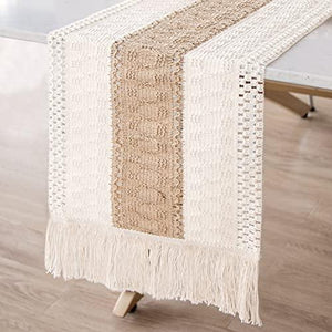 Macrame Table Runner Farmhouse Style, Natural Burlap Boho Table Runner Modern Farmhouse Decor Rustic Woven Cotton Crochet Lace for Bohemian - Decotree.co Online Shop