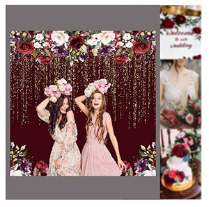 Durable Fabric Burgundy Red Flowers Backdrop No Wrinkles Golden Glitter Floral Birthday Party Photography - Decotree.co Online Shop
