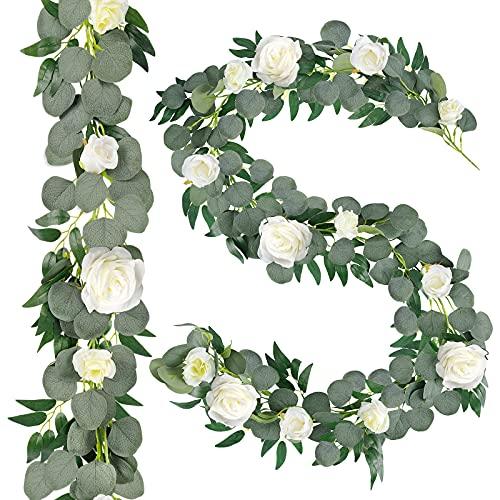 2pcs Artificial Eucalyptus Garland with Flowers Greenery Garland Willow Vines White Rose Garland - Decotree.co Online Shop