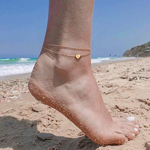 Heart Initial Anklet Bracelet for Women, 14K Gold Filled Layered Ankle Bracelet Summer - Decotree.co Online Shop
