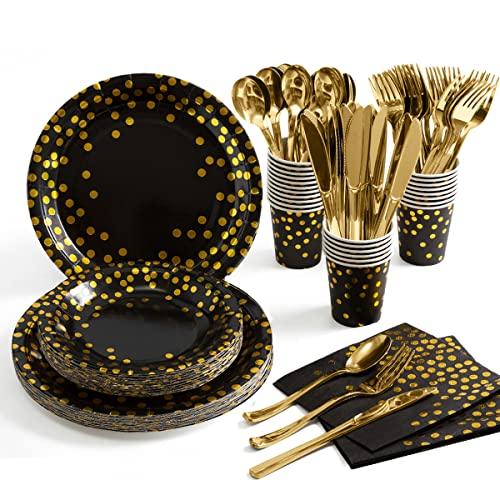 Black and Gold Party Supplies 175 Pieces Golden Dot Disposable Party Dinnerware - Black Paper Plates Napkins Cups, Gold Plastic Forks Knives Spoons for Graduation, Birthday, Cocktail Party - Decotree.co Online Shop