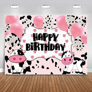 Cartoon Cow Happy Birthday Backdrop Banner Cow Party Decorations Pink White Cow Print Balloons Farm Animals Background - Decotree.co Online Shop