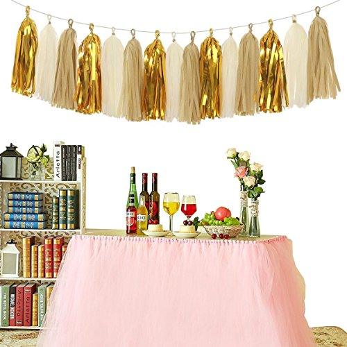 Shiny Tassel Garland Tissue Paper Tassels Banner Decoration for Birthday Party, Bridal Shower, Table Decor, Metallic Gold+Tan+Ivory, 15 pcs - Decotree.co Online Shop