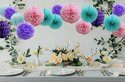 Teal Lavender Purple Pink Party Decorations 16pcs Paper Pom Poms Honeycomb Balls Blue Lanterns Tissue Fans for Wedding Birthday Baby Shower Frozen Party Supplies - Decotree.co Online Shop