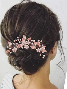Pearl Bride Wedding Hair Pins Leaf Bridal Head Piece Flower Hair Accessories for Women and Girls (Pack of 3) (Rose Gold) - Decotree.co Online Shop
