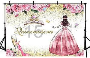 Quinceanera Backdrop for Girl Happy 15th Birthday Background Pink Flowers High Heels Crown Princess Birthday Party Decorations - Decotree.co Online Shop