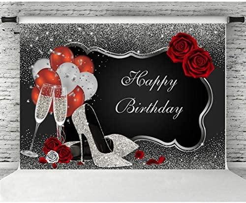Sliver and Black Happy Birthday Backdrop Glitter Sequin High Heels Champagne Glasses Red Rose Balloons - Decotree.co Online Shop