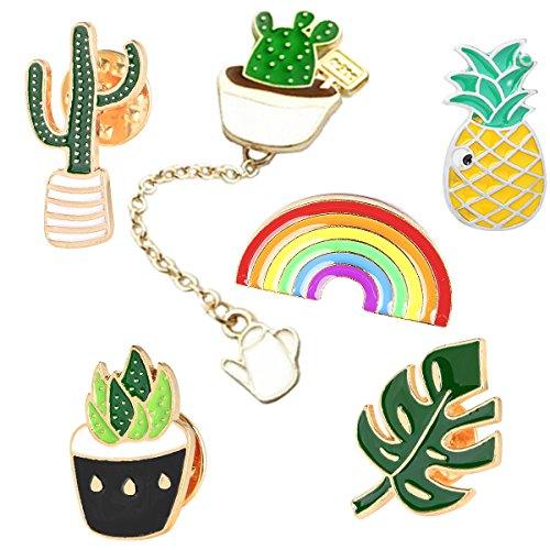 Cute Enamel Lapel Pin Set, 6pcs Cartoon Brooch Pin Badges for Clothes Bags Backpacks - Rainbow Cactus Succulent Leaves Pineapple - Decotree.co Online Shop