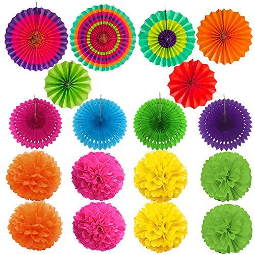 21 Pcs Multi-color Hanging Paper Fans, Pom Poms Flowers, Garlands String Polka Dot and Triangle Bunting Flags for Birthday Parties, Wedding - Decotree.co Online Shop