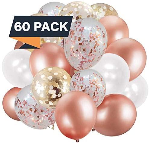 60 Pack Rose Gold Balloons + White Balloons + Confetti Balloons w/Ribbon for Bridal & Baby Shower Parties | Latex Balloon Decorations - Decotree.co Online Shop