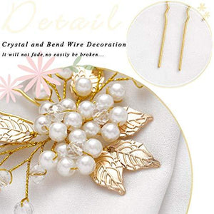 Pearl Bride Wedding Hair Pins Leaf Bridal Head Piece Flower Hair Accessories for Women and Girls (Pack of 3) (Gold) - Decotree.co Online Shop