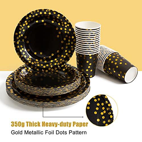 Black and Gold Party Supplies 175 Pieces Golden Dot Disposable Party Dinnerware - Black Paper Plates Napkins Cups, Gold Plastic Forks Knives Spoons for Graduation, Birthday, Cocktail Party - Decotree.co Online Shop