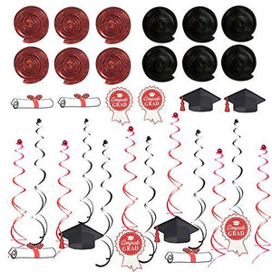 Graduation Decorations, Black and Red Congrats Grad Banner Paper Pompoms Hanging Swirls Graduation Confetti Paper Garland Party Balloons - Decotree.co Online Shop