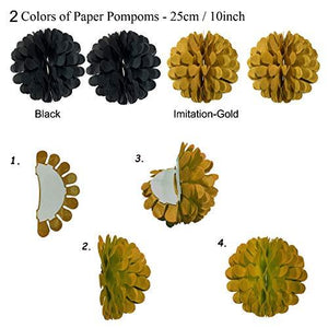 Black and Gold Party Decorations, Confetti Balloons Decorative Folding Fans Paper Pompoms Triangle Bunting Flags Garlands - Decotree.co Online Shop
