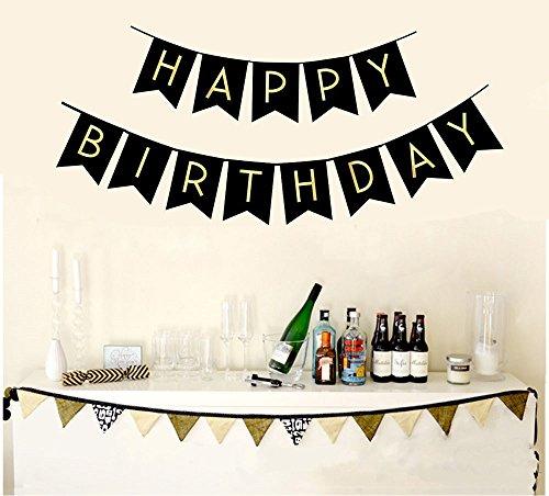 Black Happy Birthday Bunting Banner with Shiny Gold Letters Party Supplies - Decotree.co Online Shop
