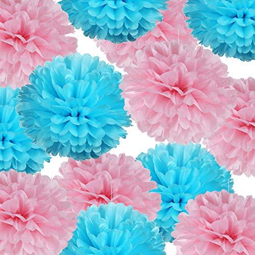 14" Pink and Blue Tissue Pom Poms Kit DIY Decorative Paper Flowers for Baby Shower Boy or Girl Gender Reveal Party Wedding Backdrop Pack of 10 - Decotree.co Online Shop