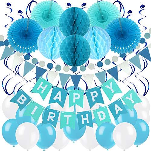 Happy Birthday Banner with Paper Fans, Honeycomb Balls, Triangular Pennants, Circle Paper Garland, Hanging Swirls and Balloons - Blue, Sky Blue and White - Decotree.co Online Shop