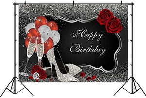 Sliver and Black Happy Birthday Backdrop Glitter Sequin High Heels Champagne Glasses Red Rose Balloons - Decotree.co Online Shop