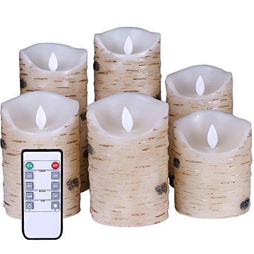 flameless led Candles Set of 6 Birch bark Pillar Candle Remote Control with 10 Key Wax Flickering Light Pillar Battery Operated - Decotree.co Online Shop